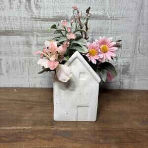 White Ceramic House Vase with Faux Flowers